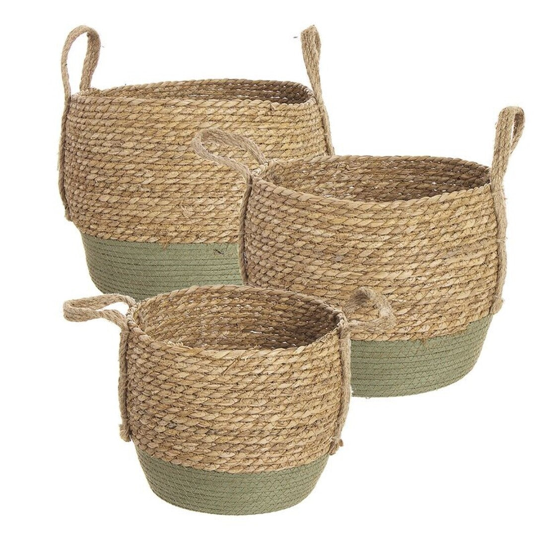 Cesta redonda con asas de fibras en color natural y verde