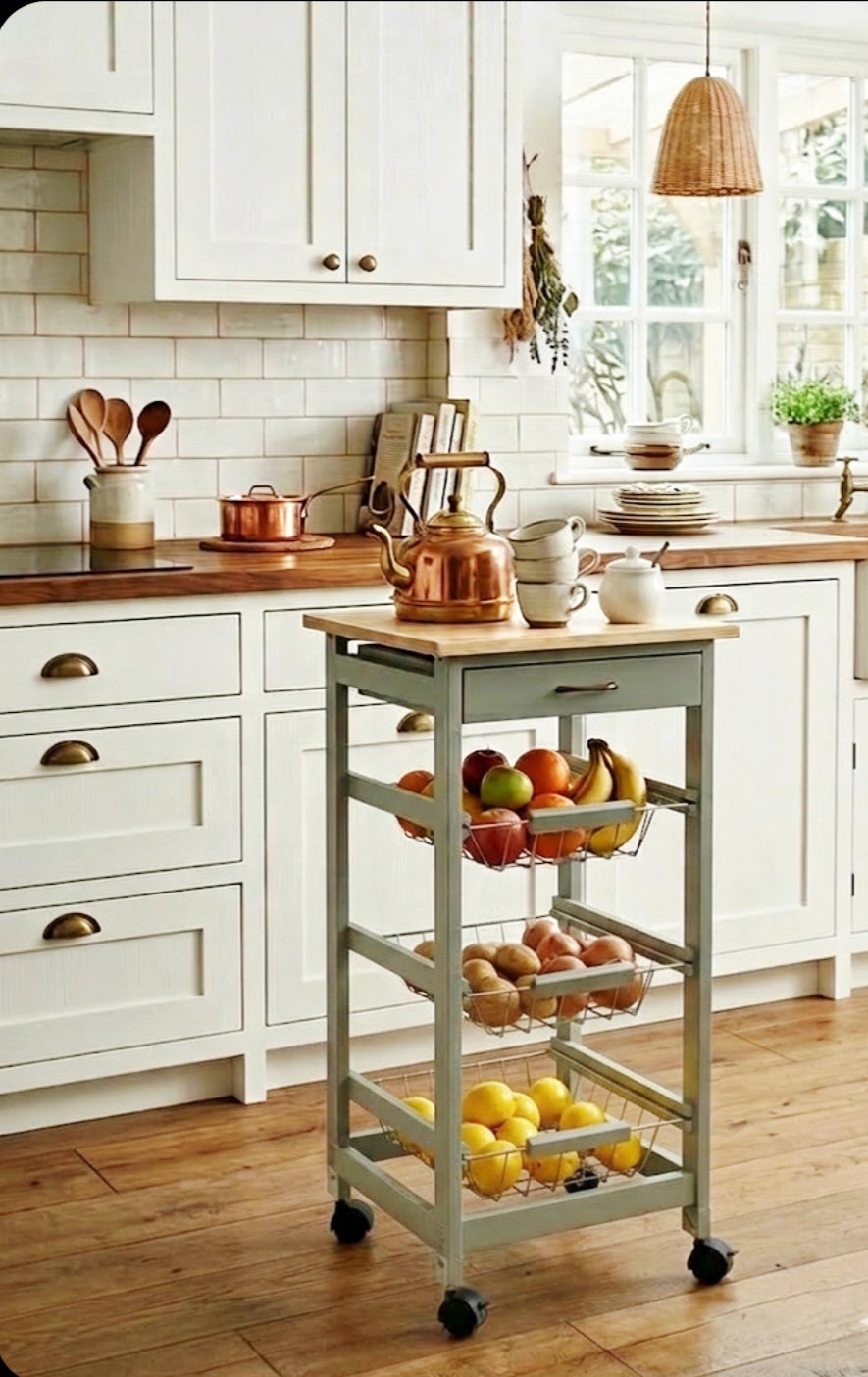 carrito auxiliar de cocina de madera en verde, con un cajón, tres cestas metálicas y ruedas.
