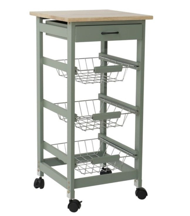 carrito auxiliar de cocina de madera en verde, con un cajón, tres cestas metálicas y ruedas.